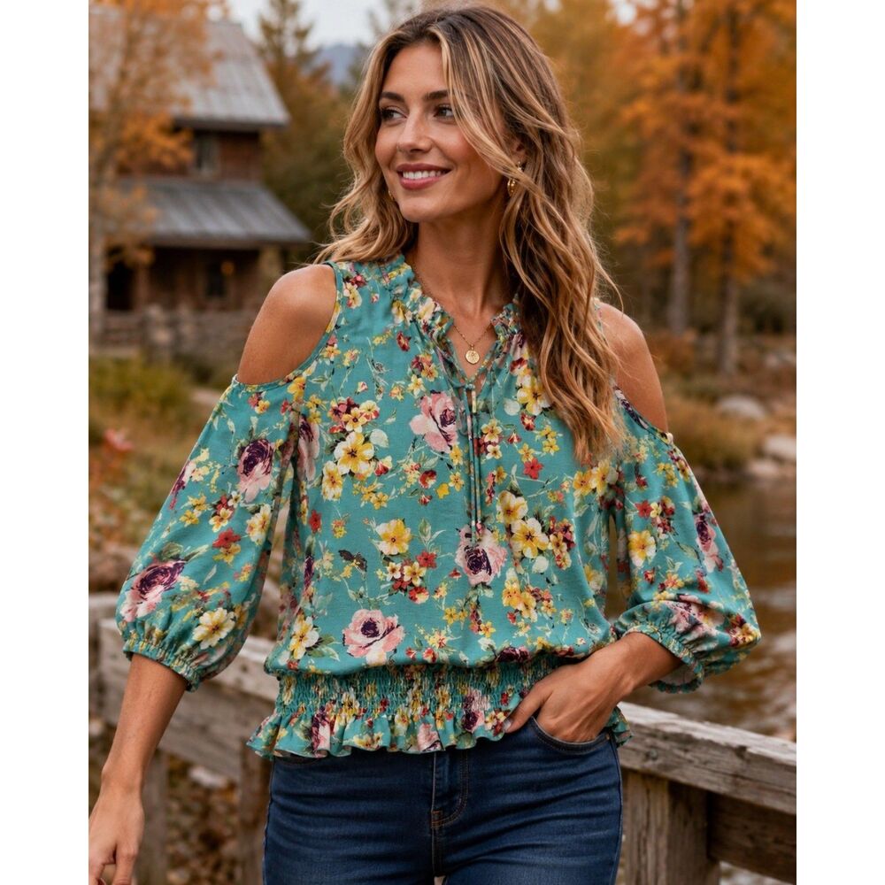 Ces Femme Floral Cold Shoulder Blouse Womens Small Ruffle Smocked Top